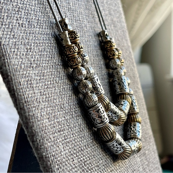 Textured Silver Gold Tube Round Beads Two-Strand Silver Snake Chain Necklace - Picture 4 of 9